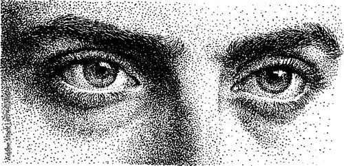 Detailed eye illustration in stipple dotwork style with triangular patterns for artistic design