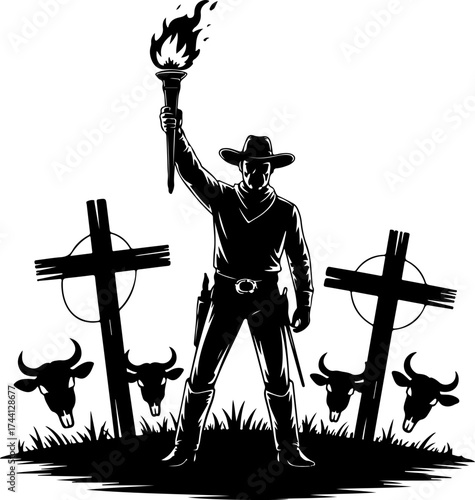 Cowboy holding torch standing in front of gravestones and heads of cattle