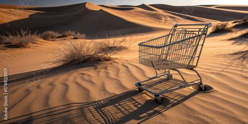 Shopping cart stands alone in serene desert landscape at sunset Generative AI