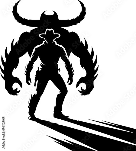 Lone Cowboy Silhouette Confronts a Monster Threat in Dramatic Showdown Illustration