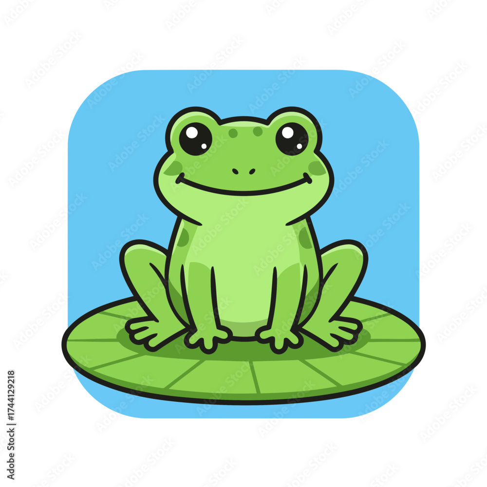 Naklejka premium Cute Smiling Cartoon Frog on Lily Pad Vector Illustration