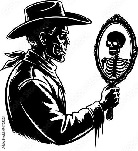 Cowboy Skeleton Gazing at His Reflection in a Mirror A Dark and Artistic Concept