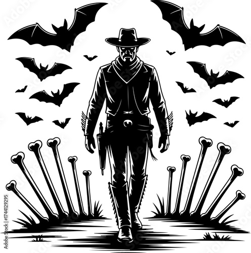 Vigilante's Somber Stride Dark Western Figure Surrounded by Flying Bats and Ancient Bones in a Haunting Landscape