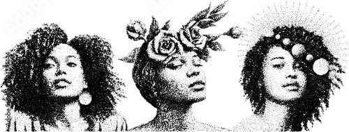 Artistic dotwork portraits of women featuring intricate stippling techniques