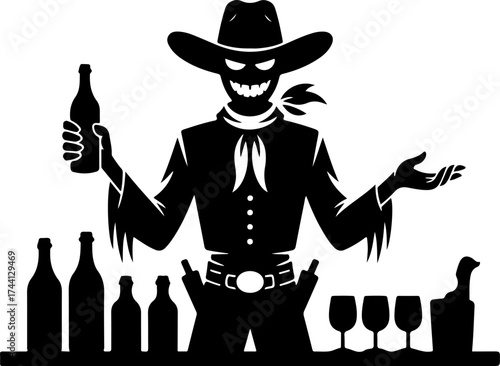 Cowboy bartender ghost pouring whiskey with wine glasses and bottles