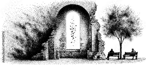 Intricate dotwork illustration of ruined window silhouette surrounded by brick wall and tree