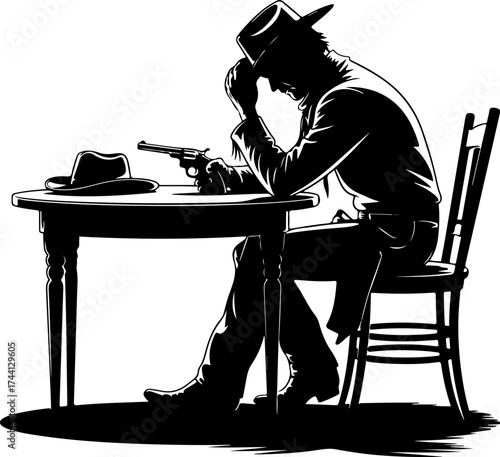 Silhouette of a Cowboy Contemplating with a Gun, Seated at a Table - Dramatic Western Scene