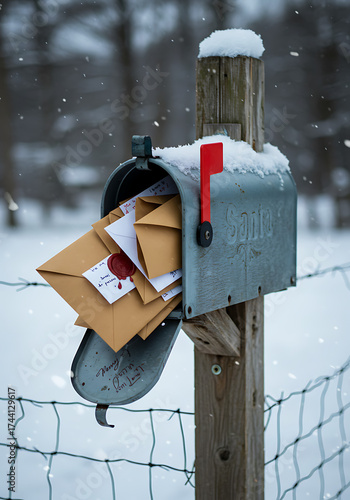 Christmas mailbox with letters, christmas envelopes in snowy winter scene
