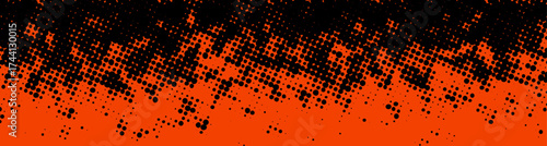 Abstract black halftone dots create a bold gradient effect over a vivid orange background in this eye-catching design. Vector illustration.
