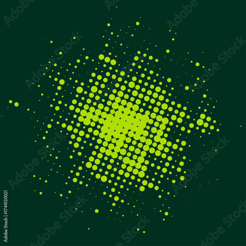 Radial halftone burst with bright green dots over a dark background. Comic-style vector design with retro and modern appeal.
