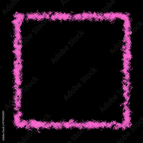 Distressed square halftone frame in pink on black background with retro comic flair. Vector illustration.