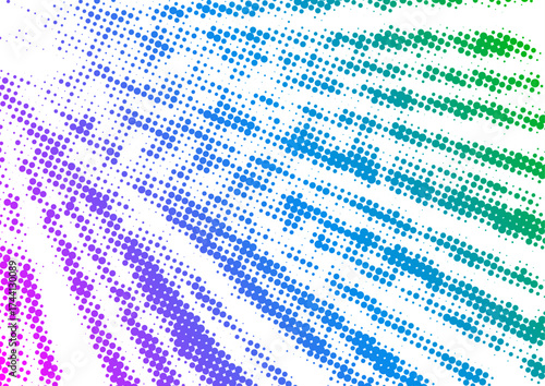 Vibrant halftone dots in a rainbow gradient radiate outward on a white background, creating dynamic energy and visual movement.