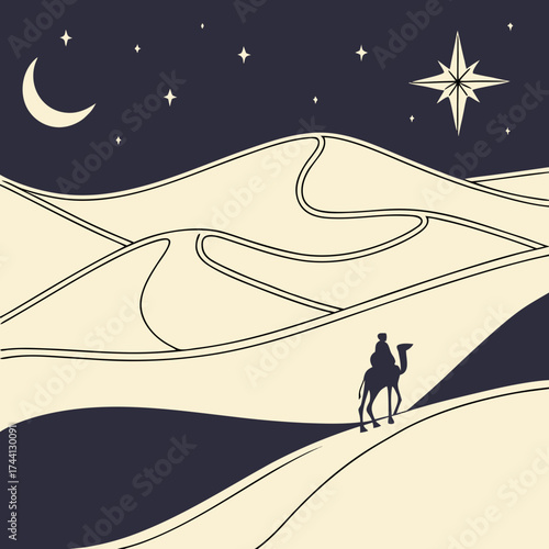 Camel caravan travels across desert dunes under a starry night sky with crescent moon