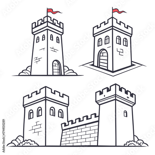 Collection of stylized medieval castle towers and walls with red flags