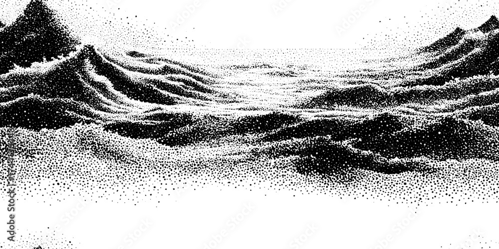 Fototapeta premium Intricate dotwork stippling depiction of star-like micro particles in an abstract landscape scene