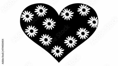A black heart shape filled with white daisy flowers arranged in a scattered pattern on a white background