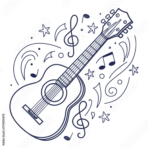 Doodle illustration of an acoustic guitar with musical notes and stars