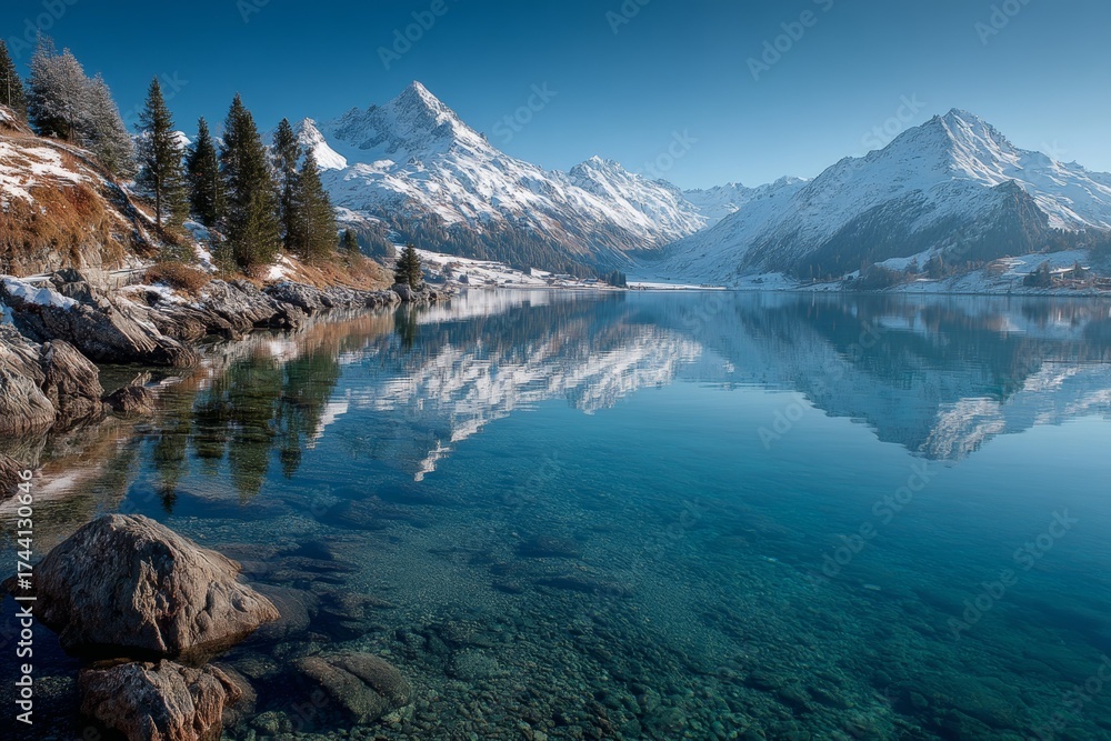 Naklejka premium Pristine alpine landscape with snow-capped mountains and tranquil lake reflection