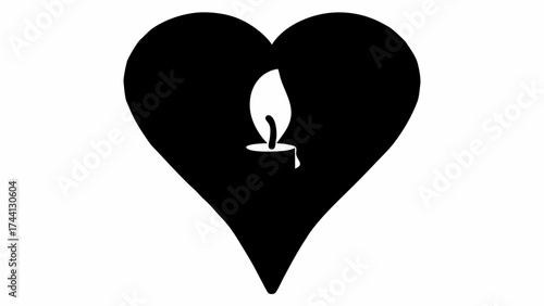 A black heart shape containing a white candle with a flame and a small drip of wax underneath it