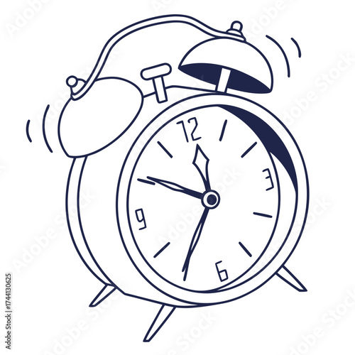 Hand drawn alarm clock ringing with sound waves