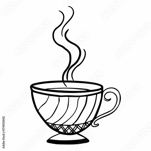 Hand drawn black and white illustration of a steaming teacup