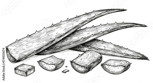 Black and white engraving sketch of fresh aloe vera leaves with cut pieces on white background