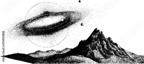 Cosmic dust drifting over mountainous landscape in detailed stipple art for design