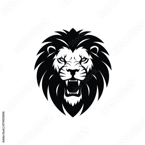 Black silhouette of a roaring lion head with mane Keywords: lion, king, animal, wildlife, head