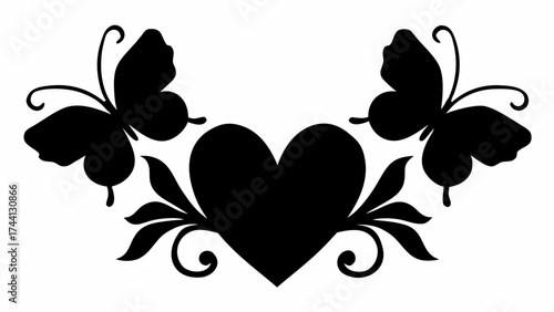 Two butterflies flanking a heart shape with floral flourishes in a symmetrical black silhouette design