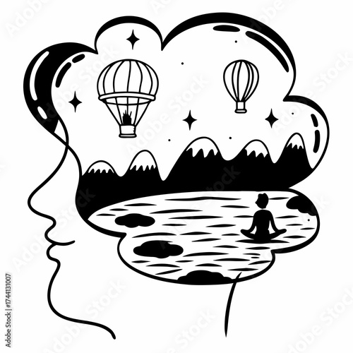 Mindscape of a person meditating with hot air balloons and mountains
