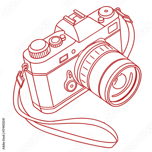 Retro camera line art illustration red outline on white background