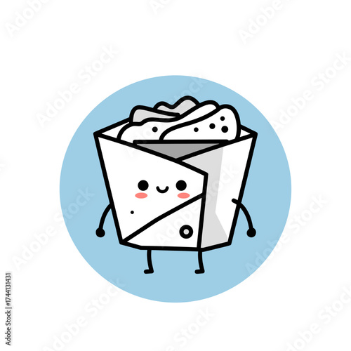 Cute cartoon takeout box smiling with dumplings on blue background  