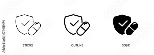 Shield icon with pill for antibiotic, medical, protection, health. Editable stroke vector icon, outline and solid.