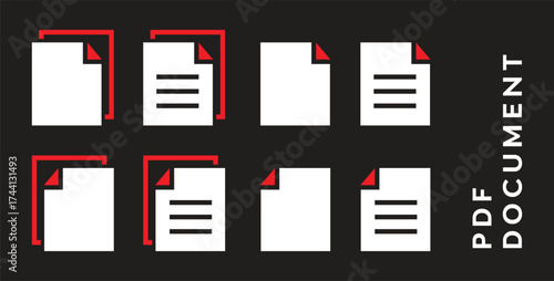 PDF file format icons set. PDF file download symbols. Format for texts, images, vector images, videos, interactive forms