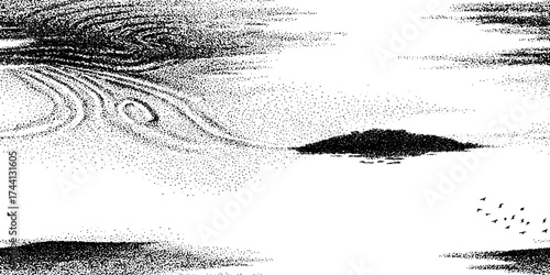 Artistic stipple texture capturing flowing water ripples in vintage dotwork style