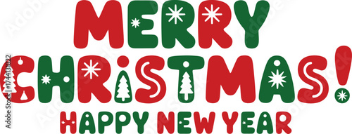 Christmas greeting design with decorated letters, snowflakes, trees, ornaments, stars, and festive holiday typography