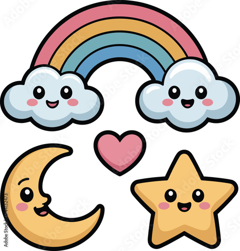 Cute aesthetic icons set with heart moon star rainbow and cloud isolated on transparent background