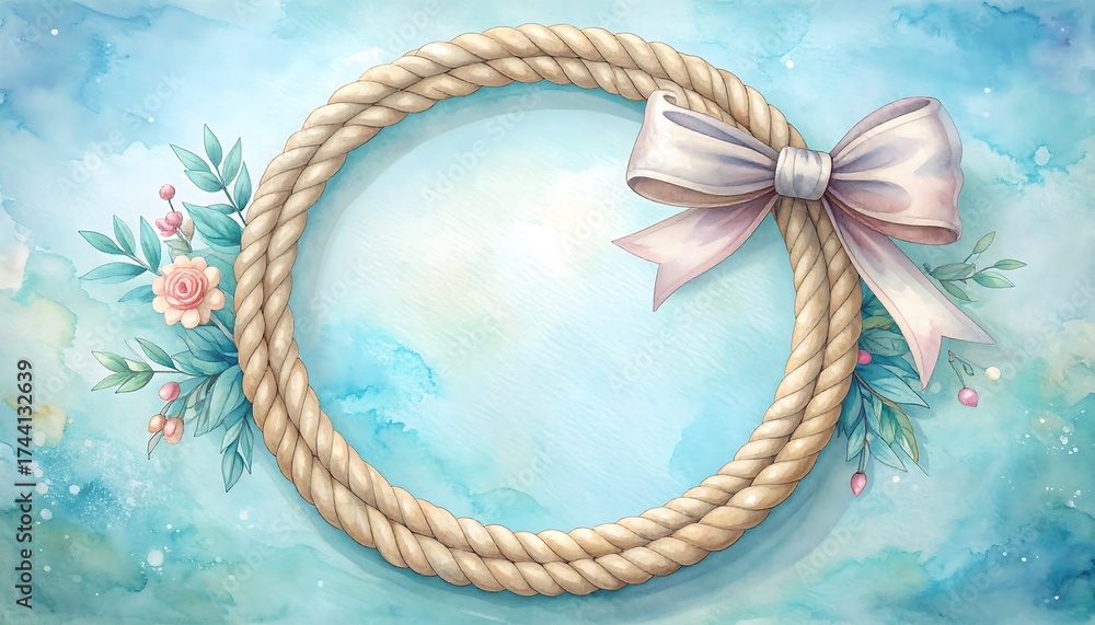Naklejka premium Elegant Rope Frame with Bow and Floral Accents on Watercolor Background.