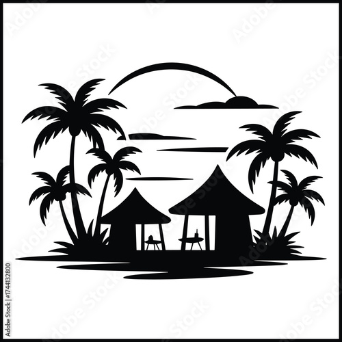 tropical resort buildings with simple shapes like huts or villas with pitched roofs