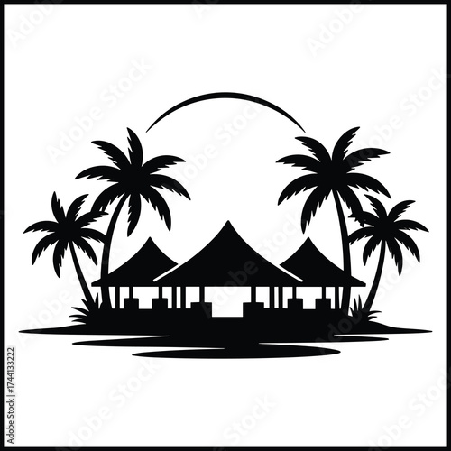 tropical resort buildings with simple shapes like huts or villas with pitched roofs