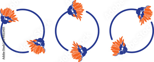 Branches circle frame set. Doodle wearth Hand drawn round line border, leaves and flowers, wedding invitation and cards, logo design and posters template