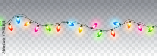 Lights bulbs isolated on transparent background. Glowing colorful Christmas garland string. Vector New Year party led lamps decoration