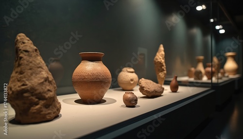 Collection of ancient pottery show in museum showcase. Aged ceramic vessels. Antique earthenware. Historic artifacts in display case. Cultural heritage, archaic art pieces from bygone civilization.