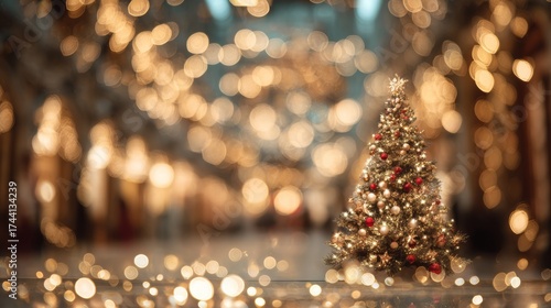 Fototapeta Naklejka Na Ścianę i Meble -  Christmas tree with lights on a street at night with the streets in the background with out-of-focus Christmas lights