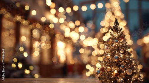 Fototapeta Naklejka Na Ścianę i Meble -  Christmas tree with lights on a street at night with the streets in the background with out-of-focus Christmas lights