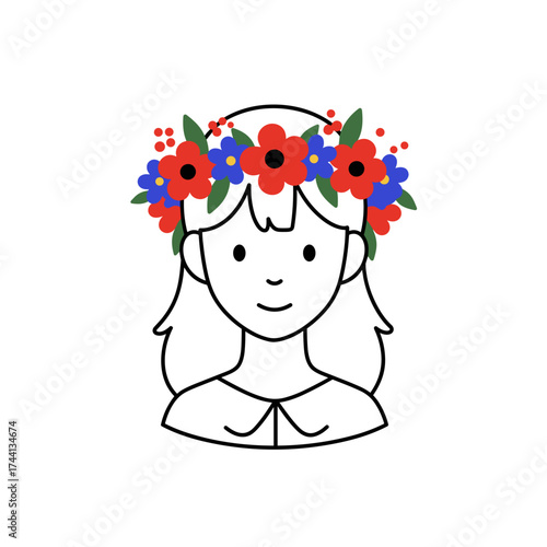 Girl with flower crown smiling in simple outline illustration  