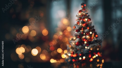 Fototapeta Naklejka Na Ścianę i Meble -  Christmas tree with lights on a street at night with the streets in the background with out-of-focus Christmas lights