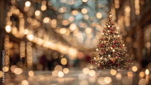 Fototapeta Naklejka Na Ścianę i Meble -  Christmas tree with lights on a street at night with the streets in the background with out-of-focus Christmas lights