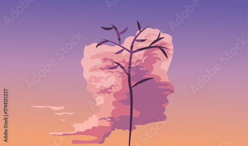 Mental health awareness with human mind and a tree as the brain, sunset sky and cloud  illustration