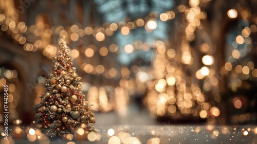 Fototapeta Naklejka Na Ścianę i Meble -  Christmas tree with lights on a street at night with the streets in the background with out-of-focus Christmas lights